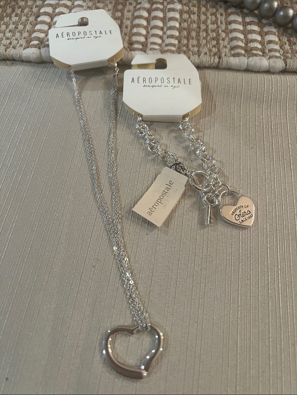 Aeropostale Silver Heart Pendant Necklace and Charm Bracelet Set